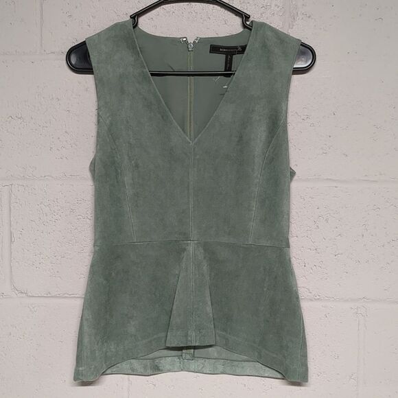 BCBG Max Azria Faux Suede Peplum V Neck Sleeveless Blouse Size XXS - Picture 1 of 5